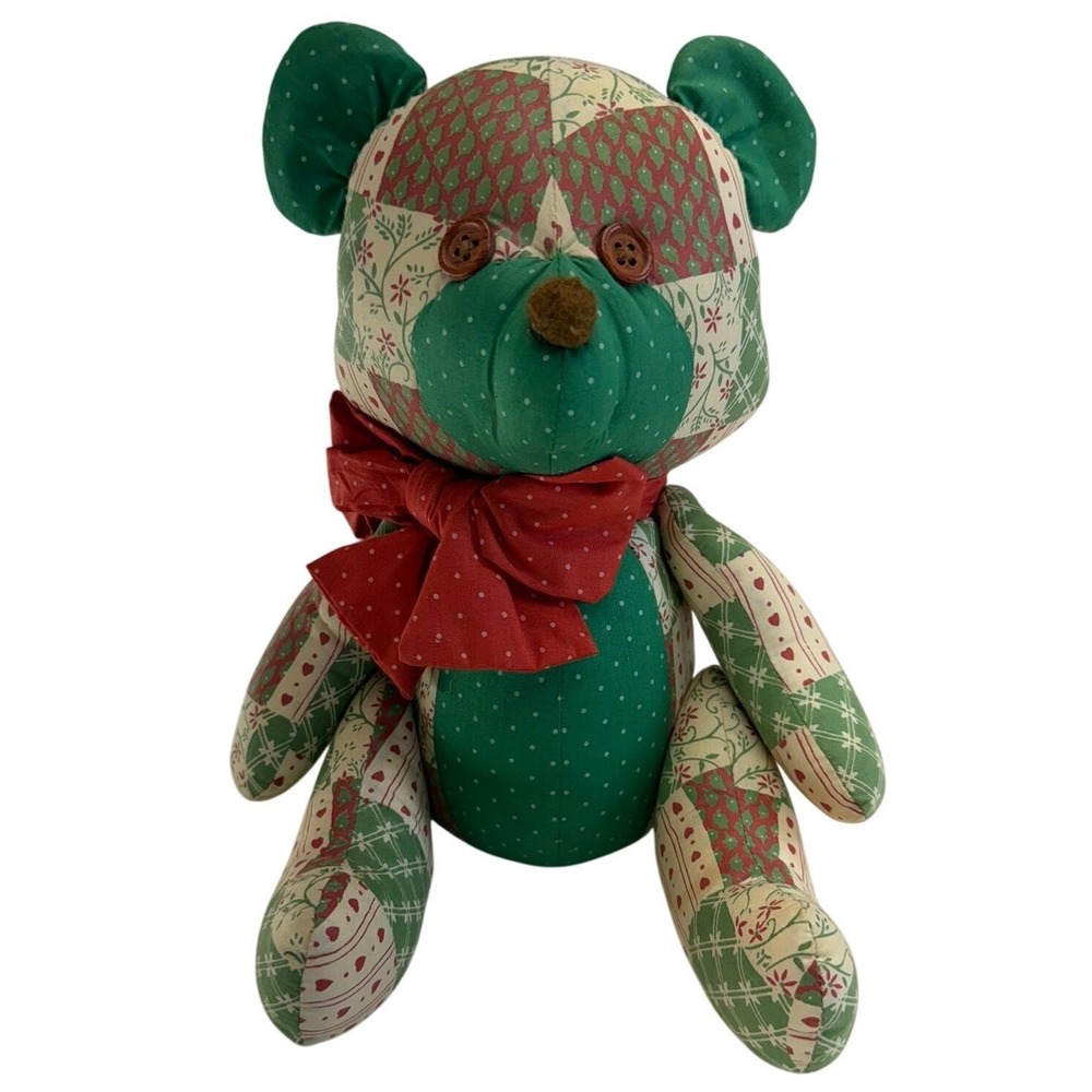 Applause Patchwork Pets Teddy Bear Unisex 15" Green Red Vintage 1986 Plush